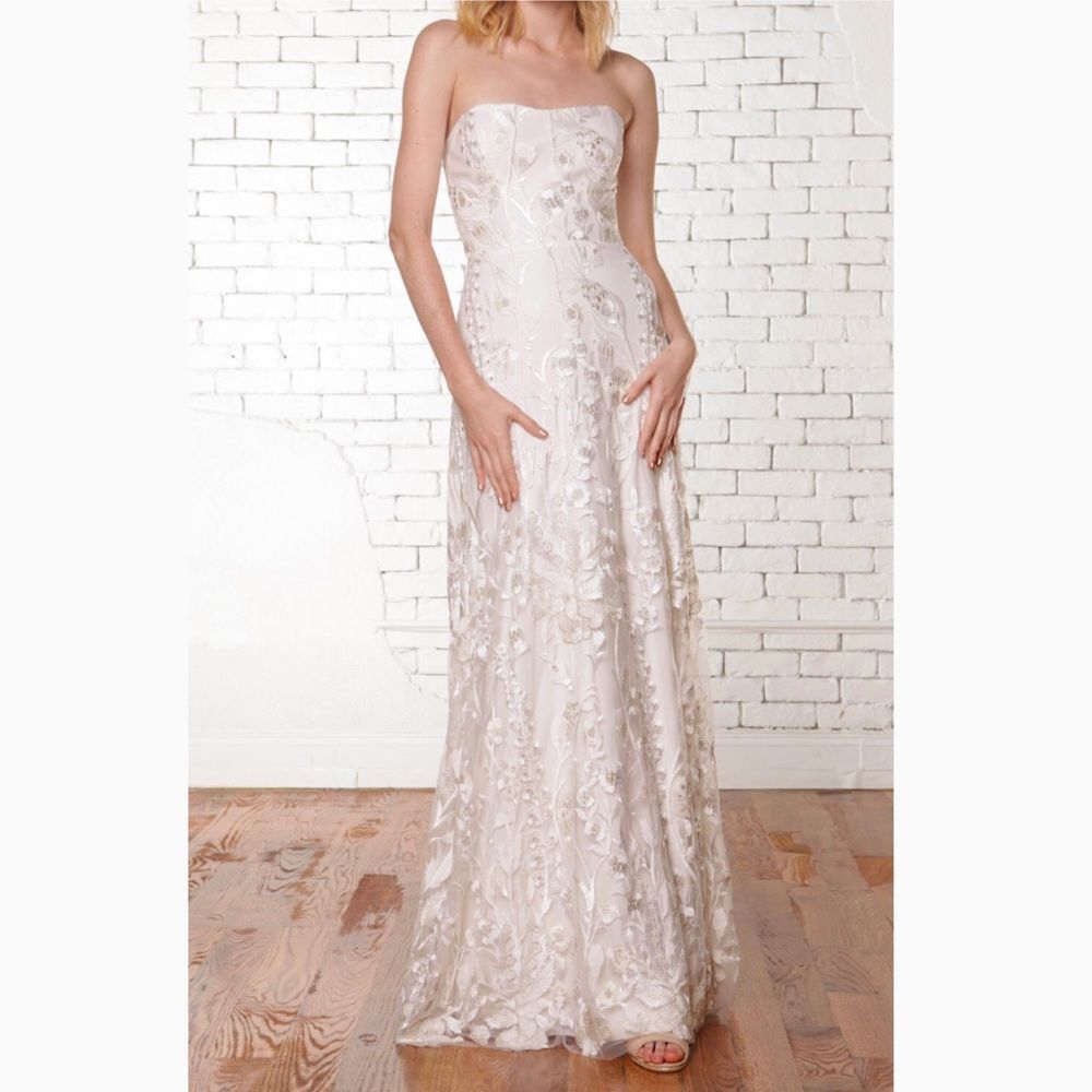 Strapless Ivory Embroidered Evening Gown